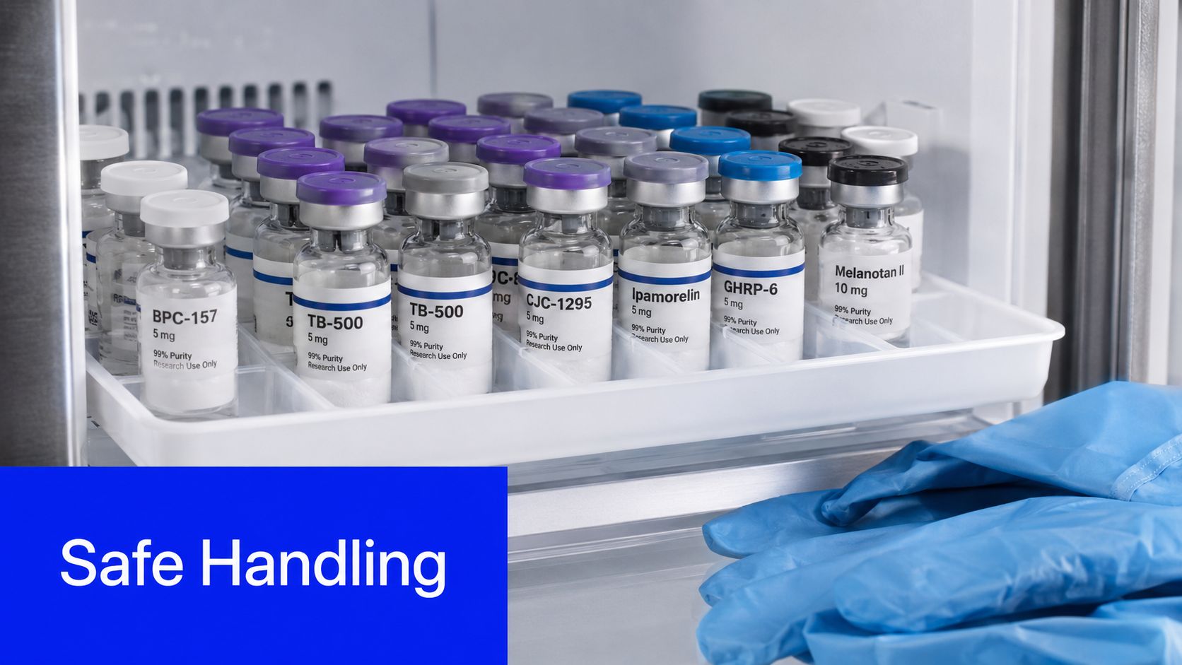 A refrigerator tray filled with various peptide vials labeled for research use, beside a pair of medical gloves.
