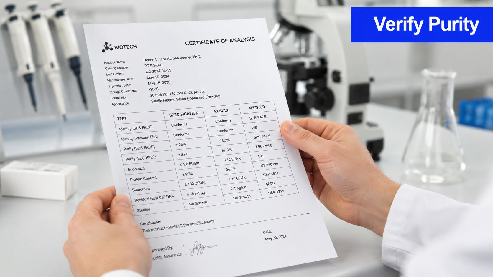 A scientist's hands holding a certificate of analysis for recombinant human interleukin-2 in a laboratory.