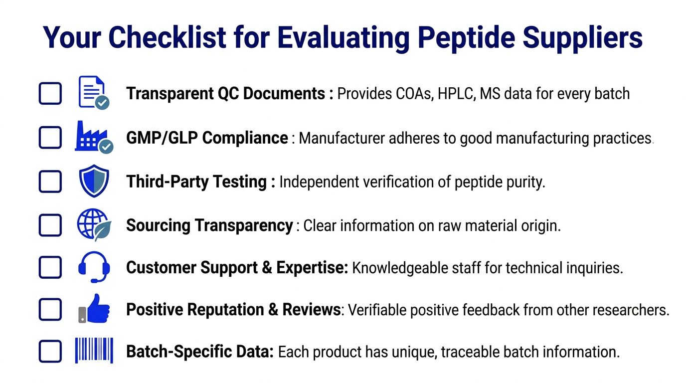 A checklist for evaluating peptide suppliers including quality control, compliance, testing, sourcing, support, reputation, and batch data.
