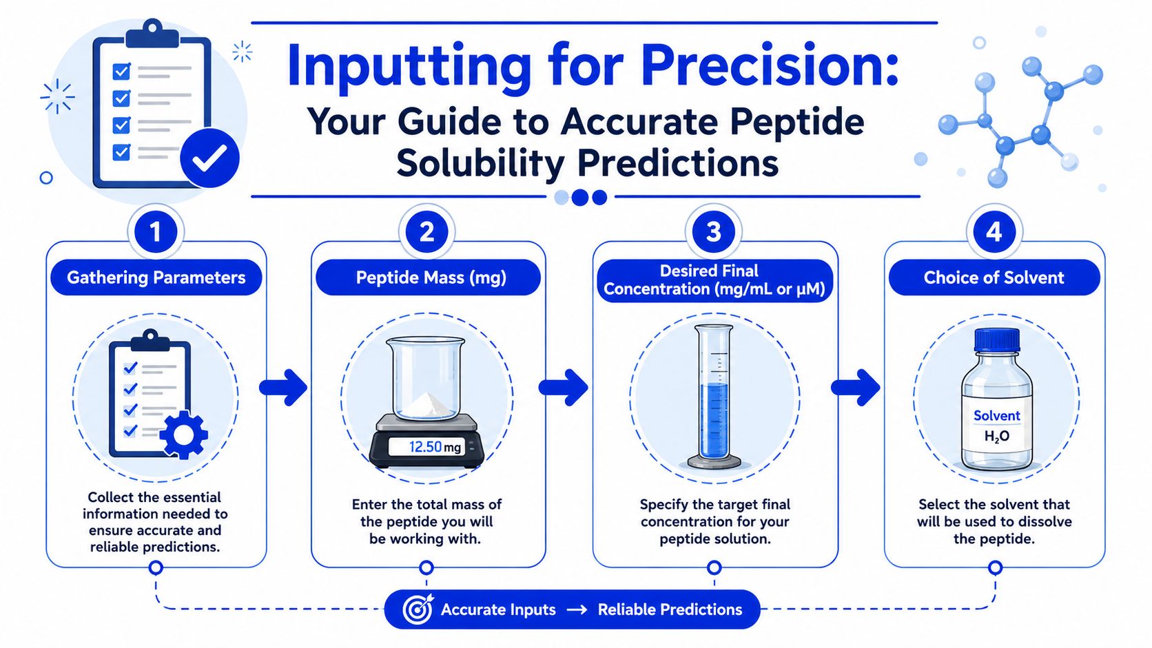 An infographic detailing four essential steps for inputting parameters to accurately predict peptide solubility in scientific research.