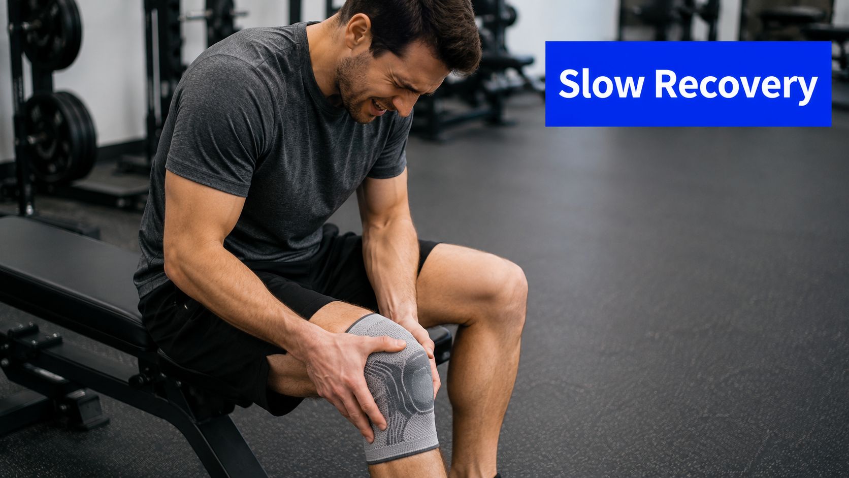 A man in a gym wearing a knee brace, expressing pain while holding his injured knee.