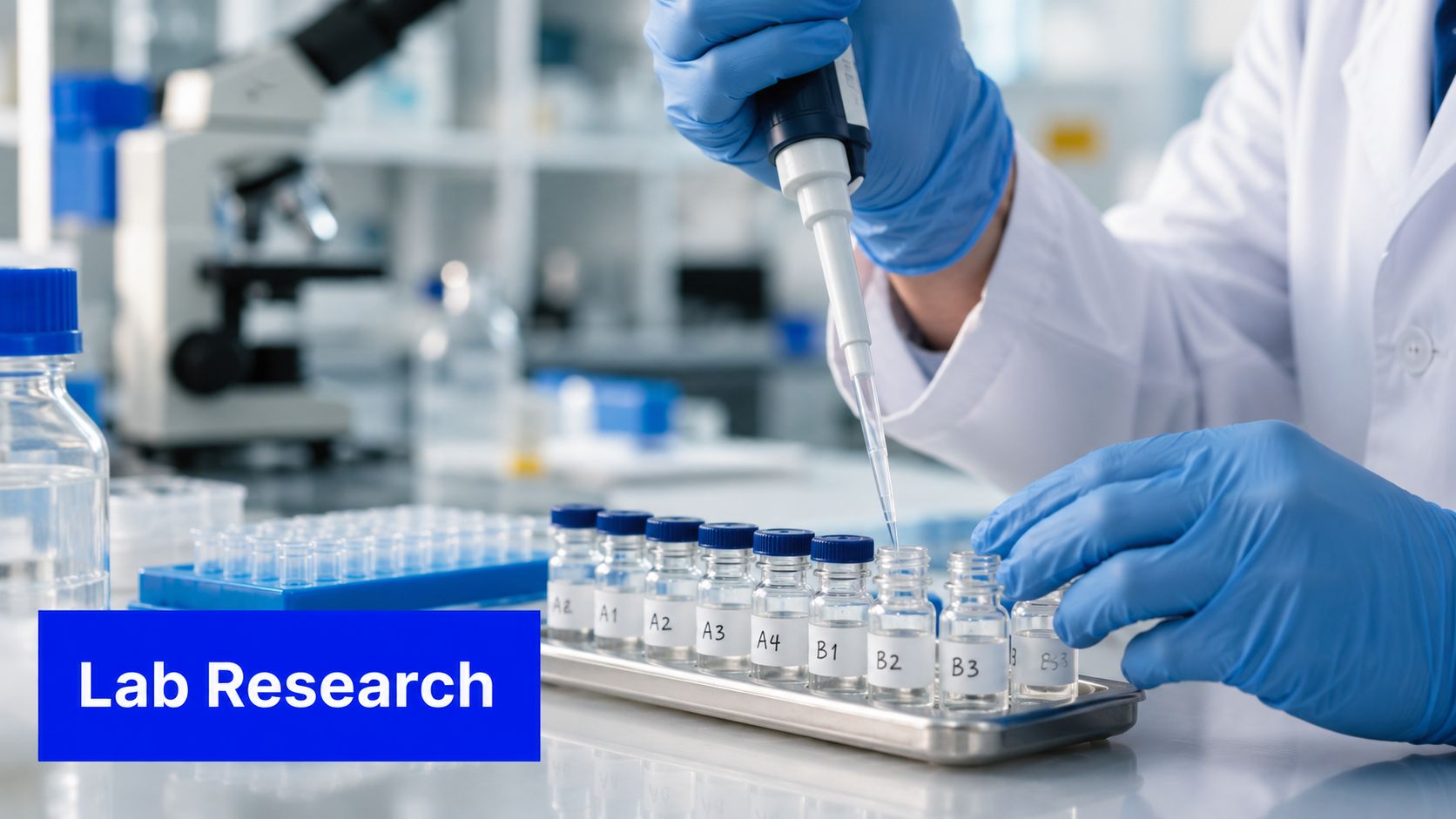 A scientist in a laboratory using a pipette to transfer liquid into a series of labeled glass vials.