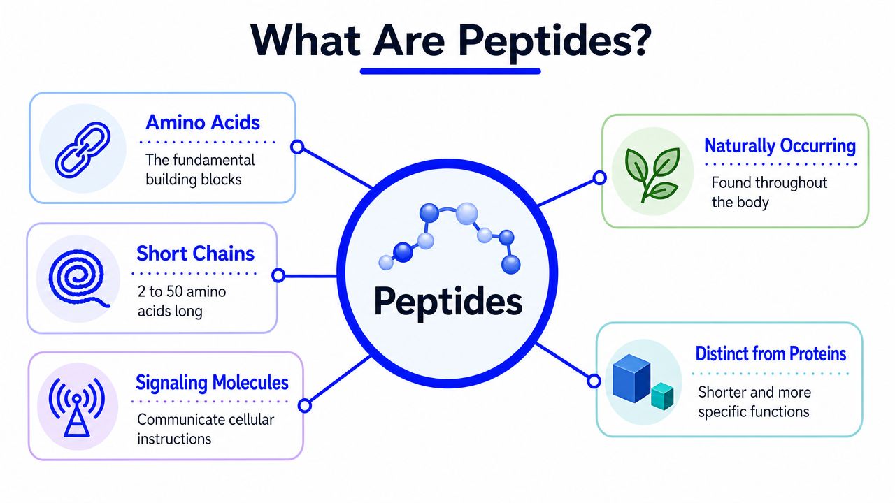 An infographic titled What Are Peptides, explaining they are amino acid chains acting as signaling molecules.