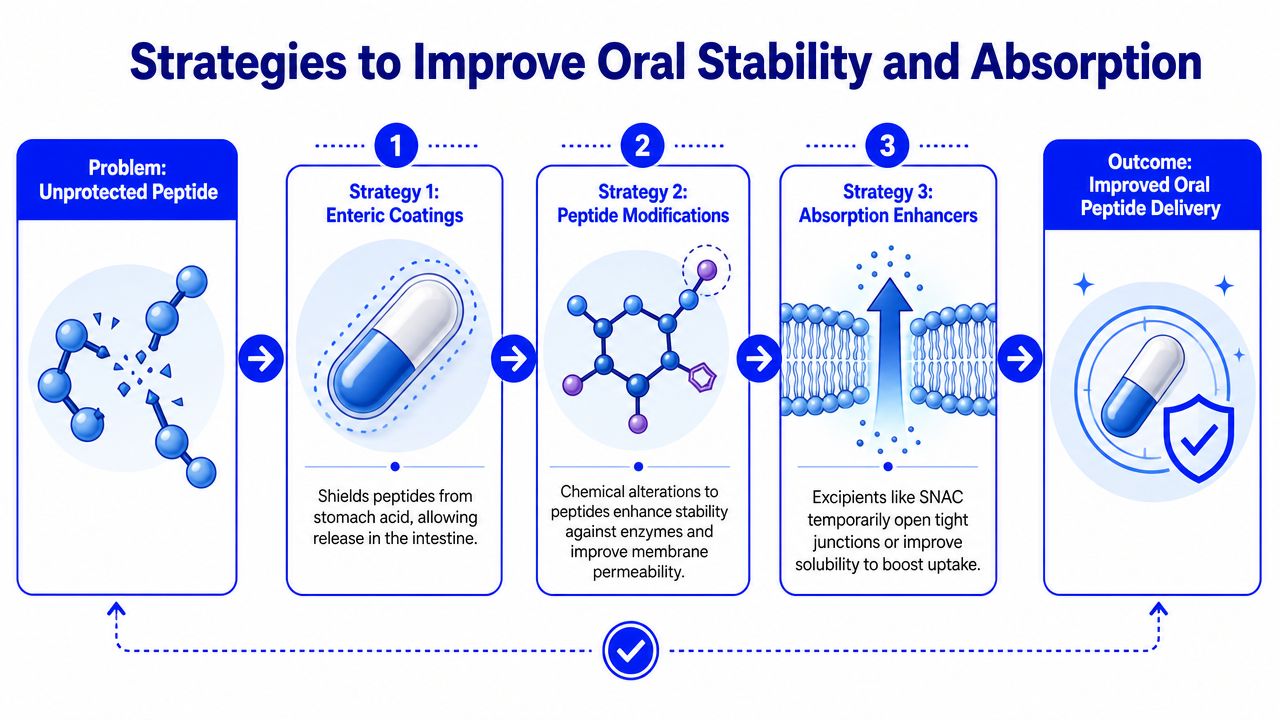 A diagram outlining three strategies including coatings, modifications, and enhancers to improve oral peptide drug delivery.