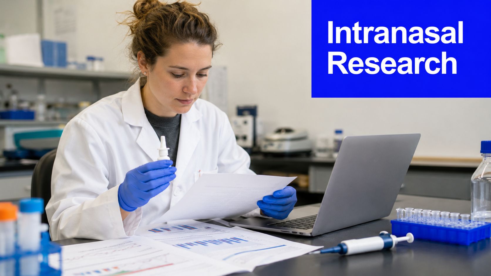 A female scientist in a laboratory holding a nasal spray bottle while reviewing research data on papers.