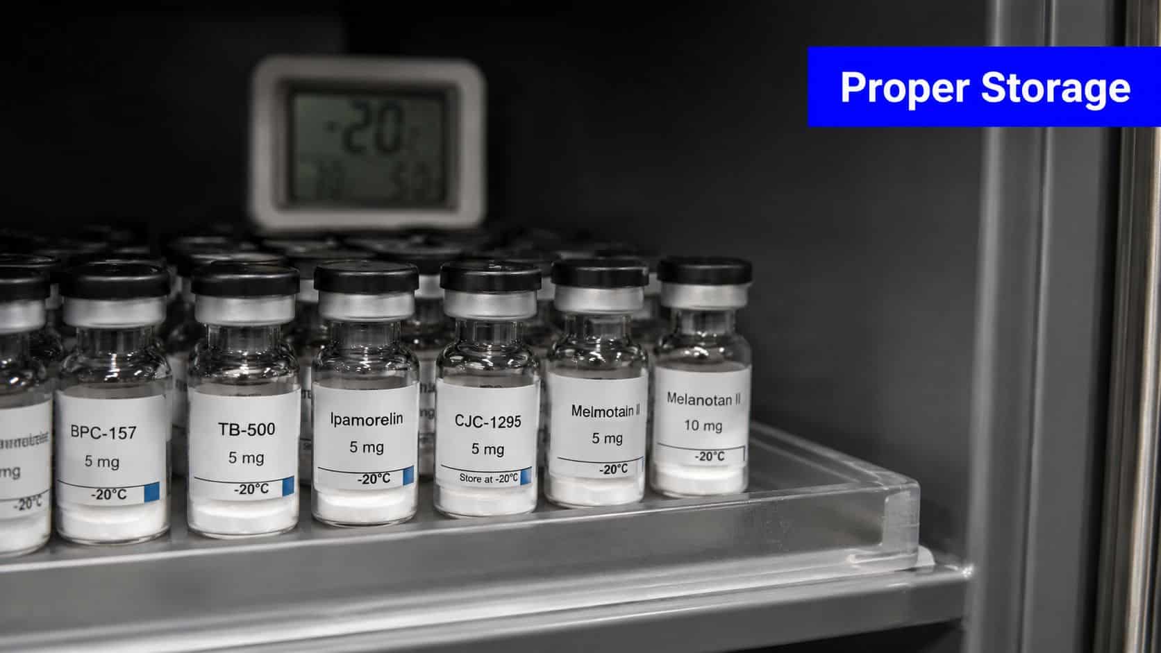 A laboratory freezer storage compartment holding several glass vials containing various peptides at negative 20 degrees Celsius.