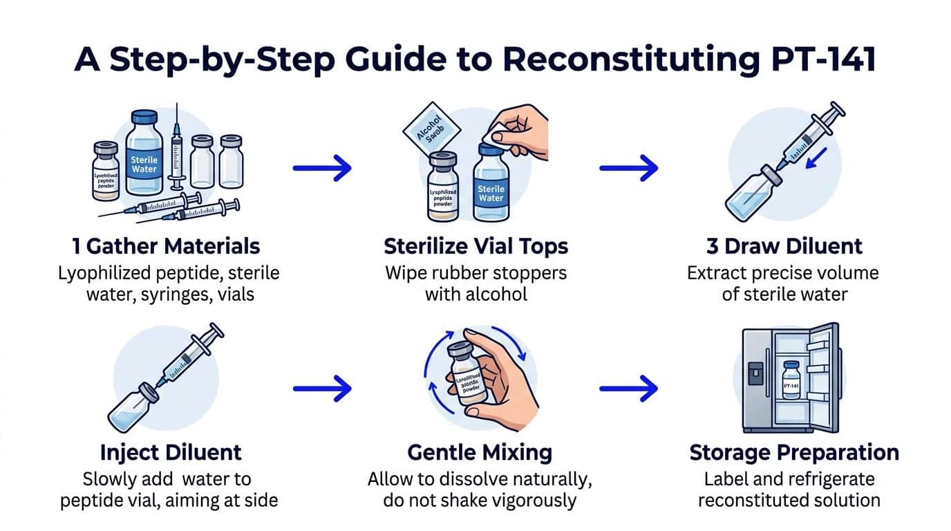 A six-step infographic demonstrating the safe process of reconstituting PT-141 peptide using sterile water and syringes.
