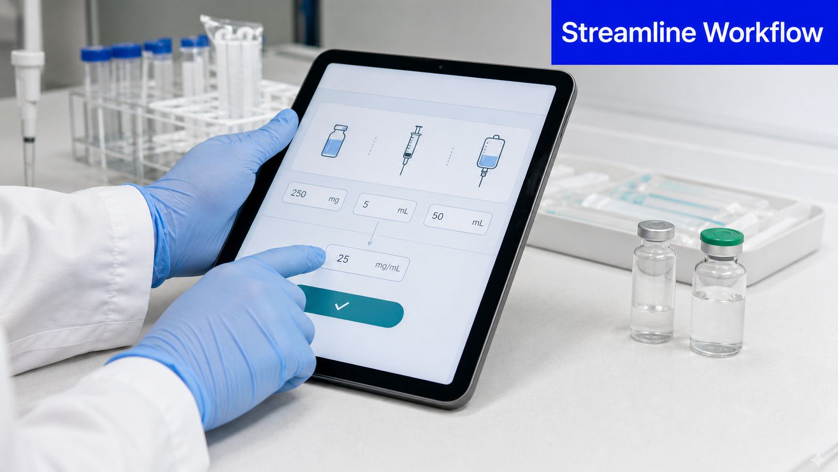 A scientist wearing blue gloves uses a digital tablet to calculate medication reconstitution dosage in a lab.