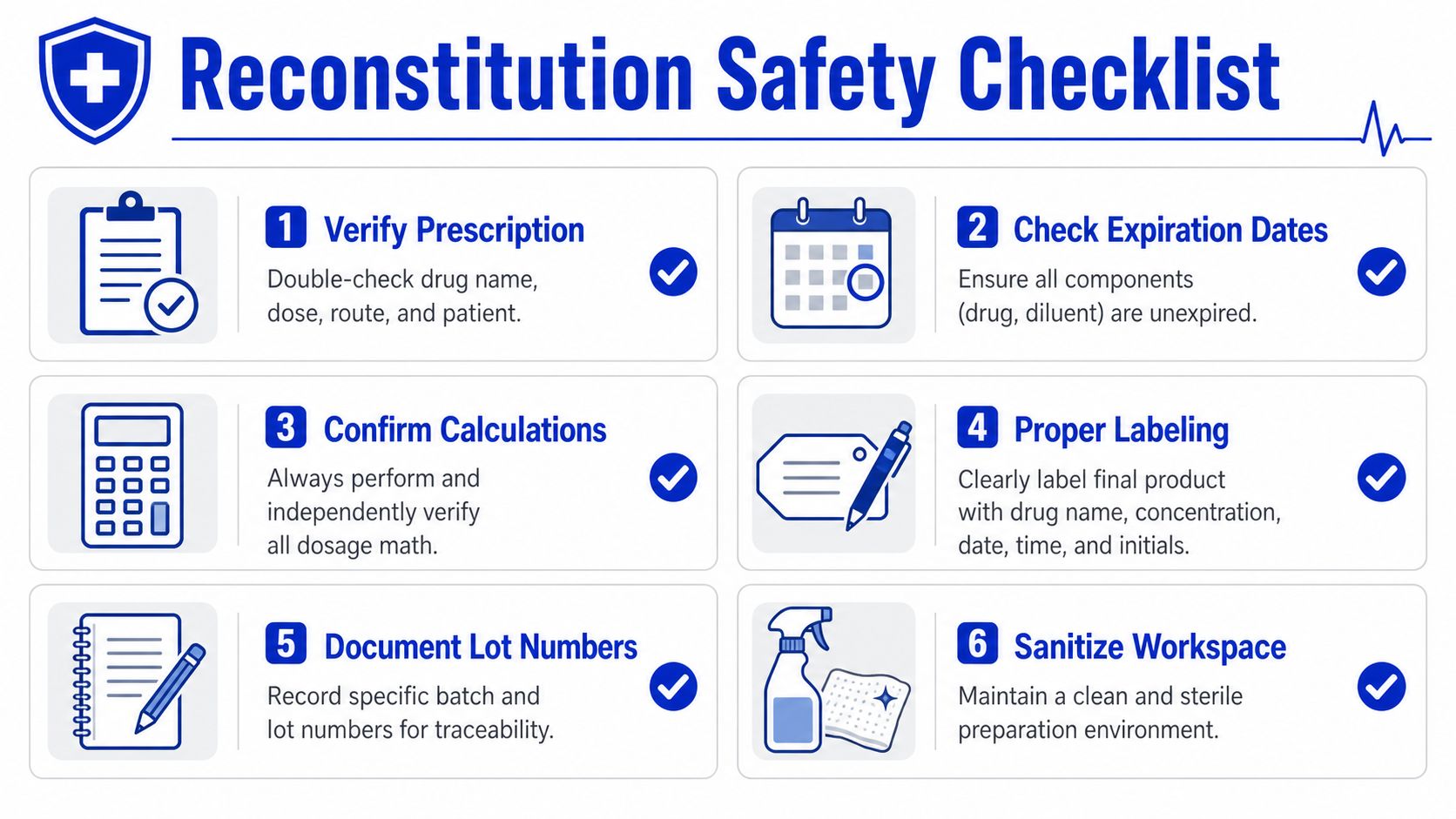 A safety checklist infographic for medication reconstitution steps including verification, dosage calculations, and workspace sanitation.