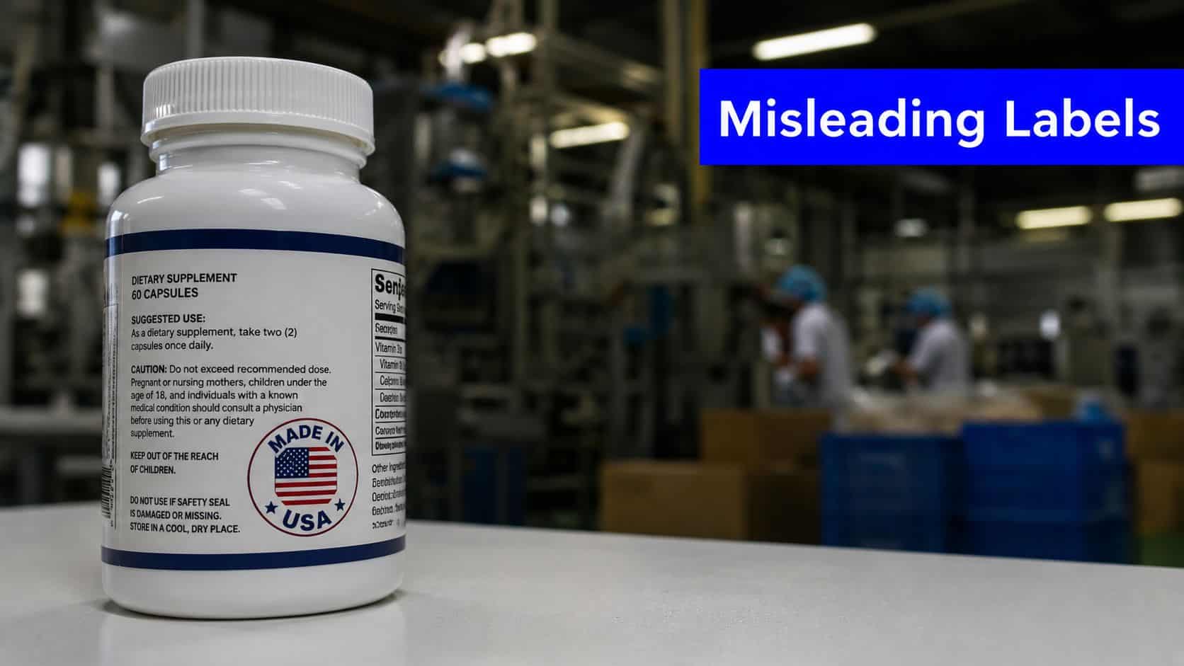 A close-up of a supplement bottle label with a Made in USA logo in a manufacturing facility.