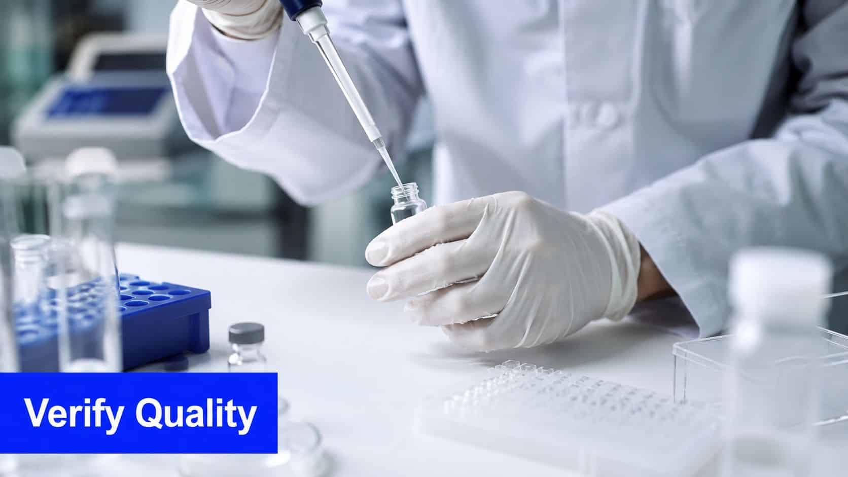 A scientist in a laboratory performing precise liquid transfer into a vial using a micropipette