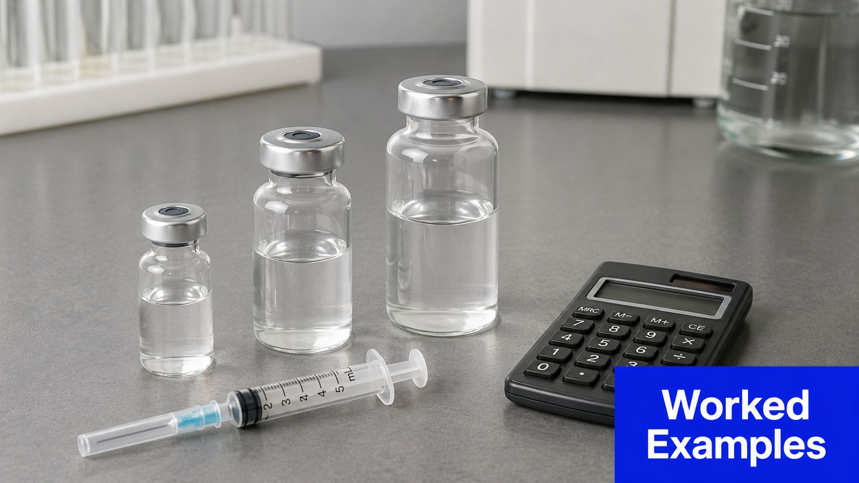 A calculator next to medical vials and a syringe on a desk for reconstitution calculations.