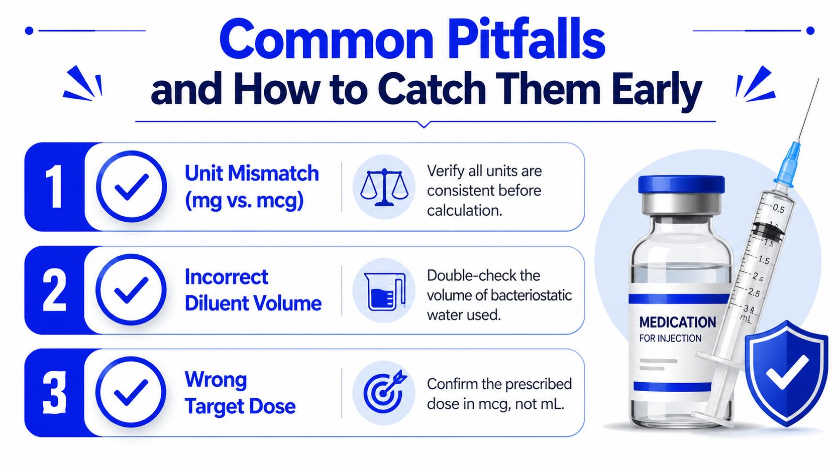 An infographic titled Common Pitfalls and How to Catch Them Early showing medication safety tips for injections.