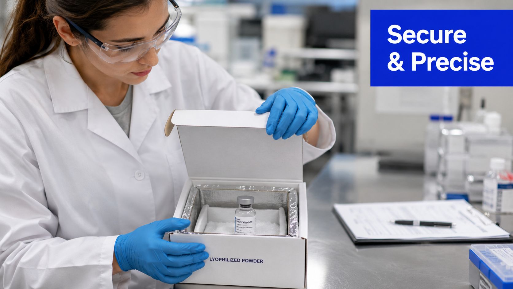 A laboratory scientist in protective gear inspects a vial of lyophilized powder inside a temperature-controlled shipping box.