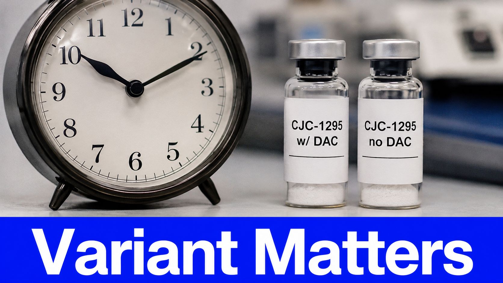 A vintage clock next to two vials of CJC-1295 labeled with and without DAC, highlighting peptide variants.