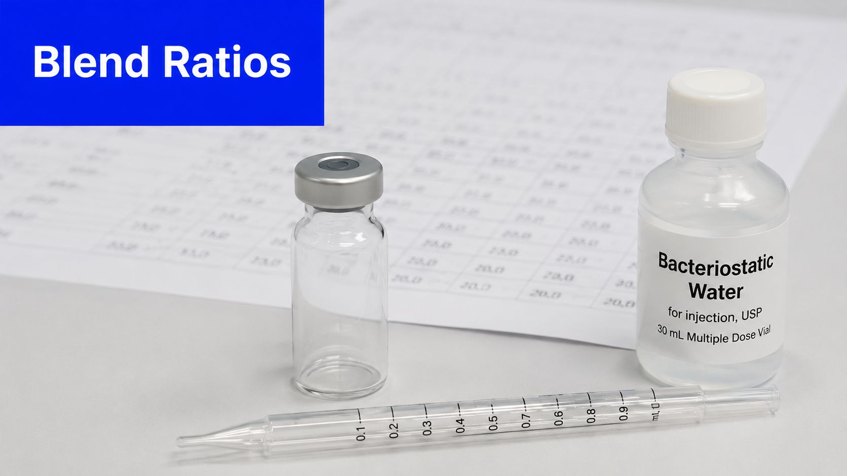 A glass vial, a bottle of bacteriostatic water, and a measuring pipette on a table.