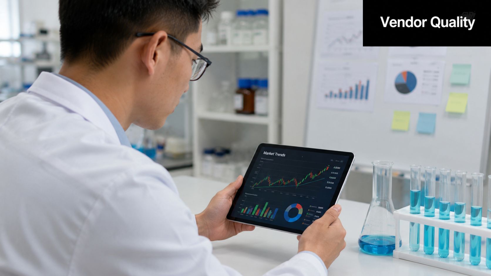 A lab technician examines digital market trend charts on a tablet within a modern research facility.