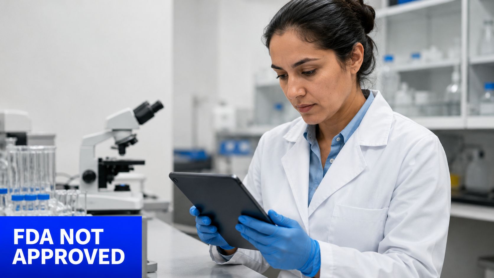 A female scientist in a laboratory holding a tablet, with a microscope and glassware in the background.
