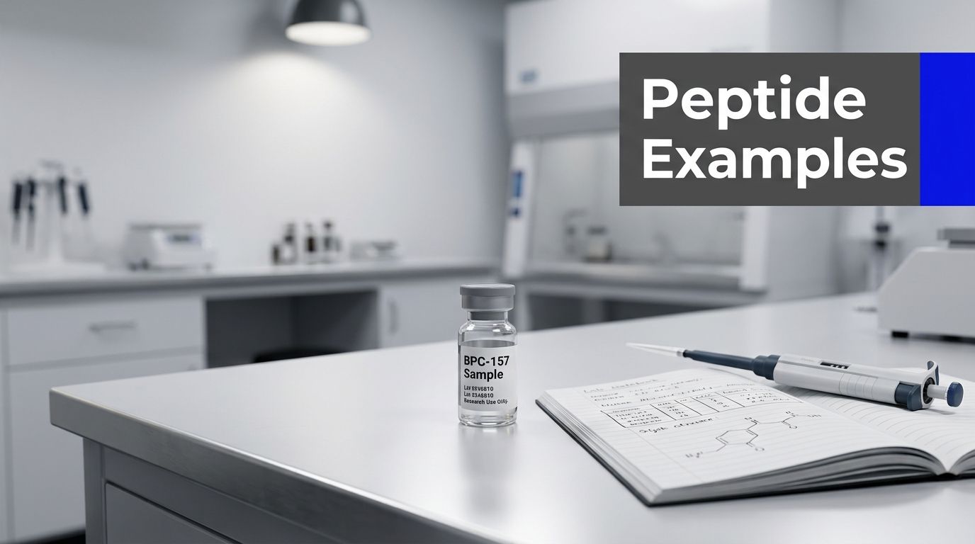 A laboratory table features a vial labeled BPC-157 next to a notebook containing handwritten chemical structural diagrams.