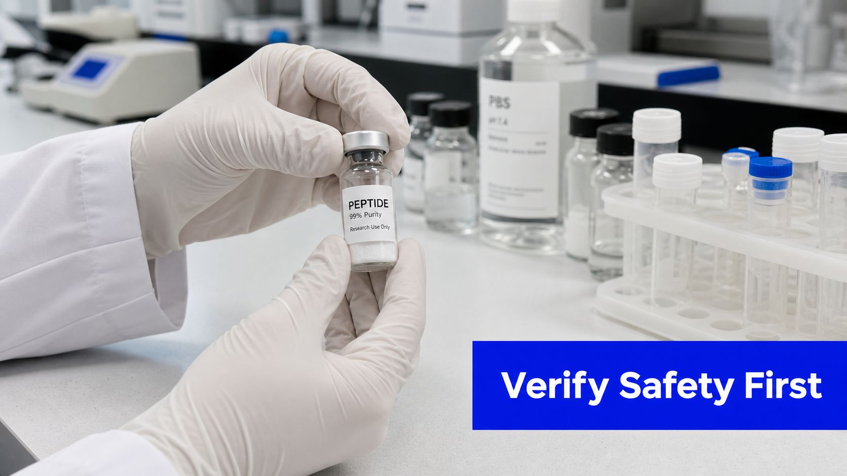 A laboratory scientist wearing gloves holds a small glass vial labeled peptide for research use only.