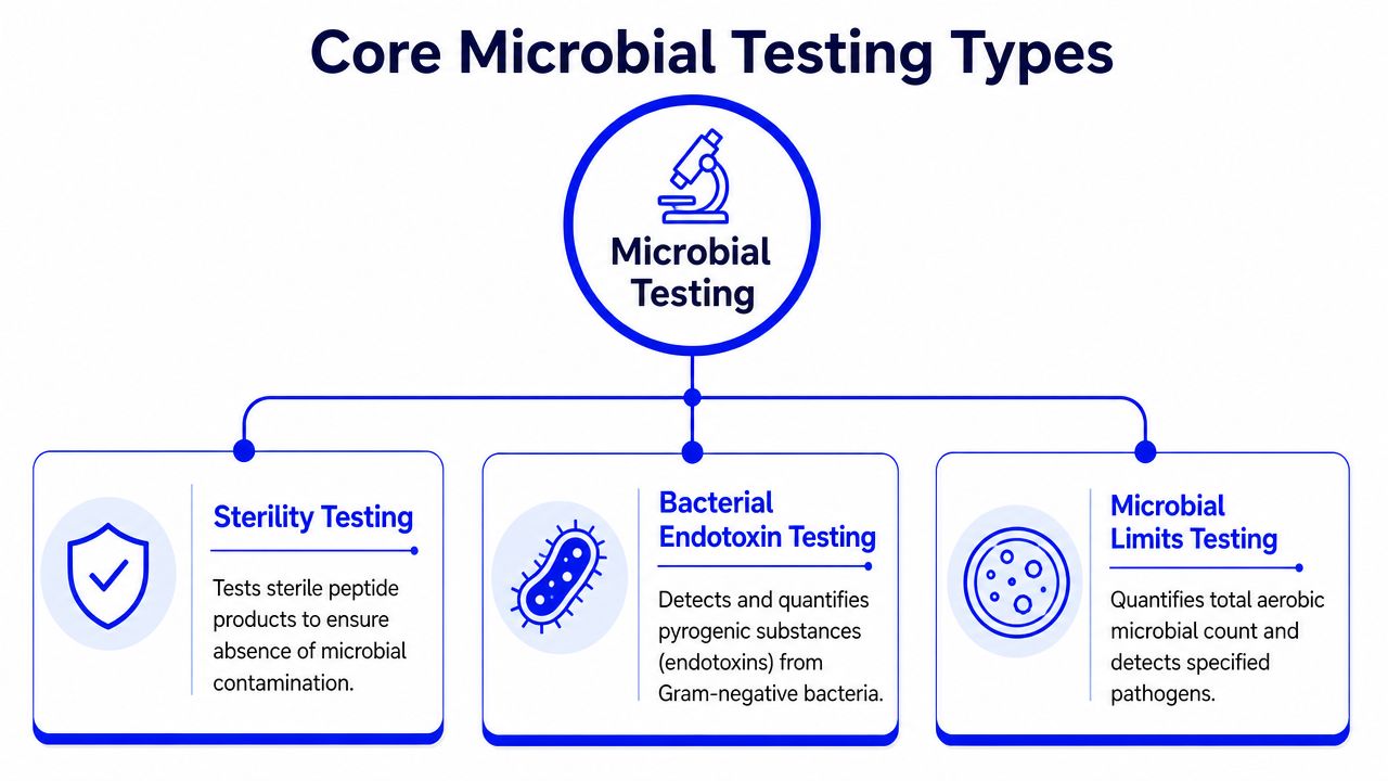 A diagram outlining the three core types of microbial testing: Sterility, Bacterial Endotoxin, and Microbial Limits.