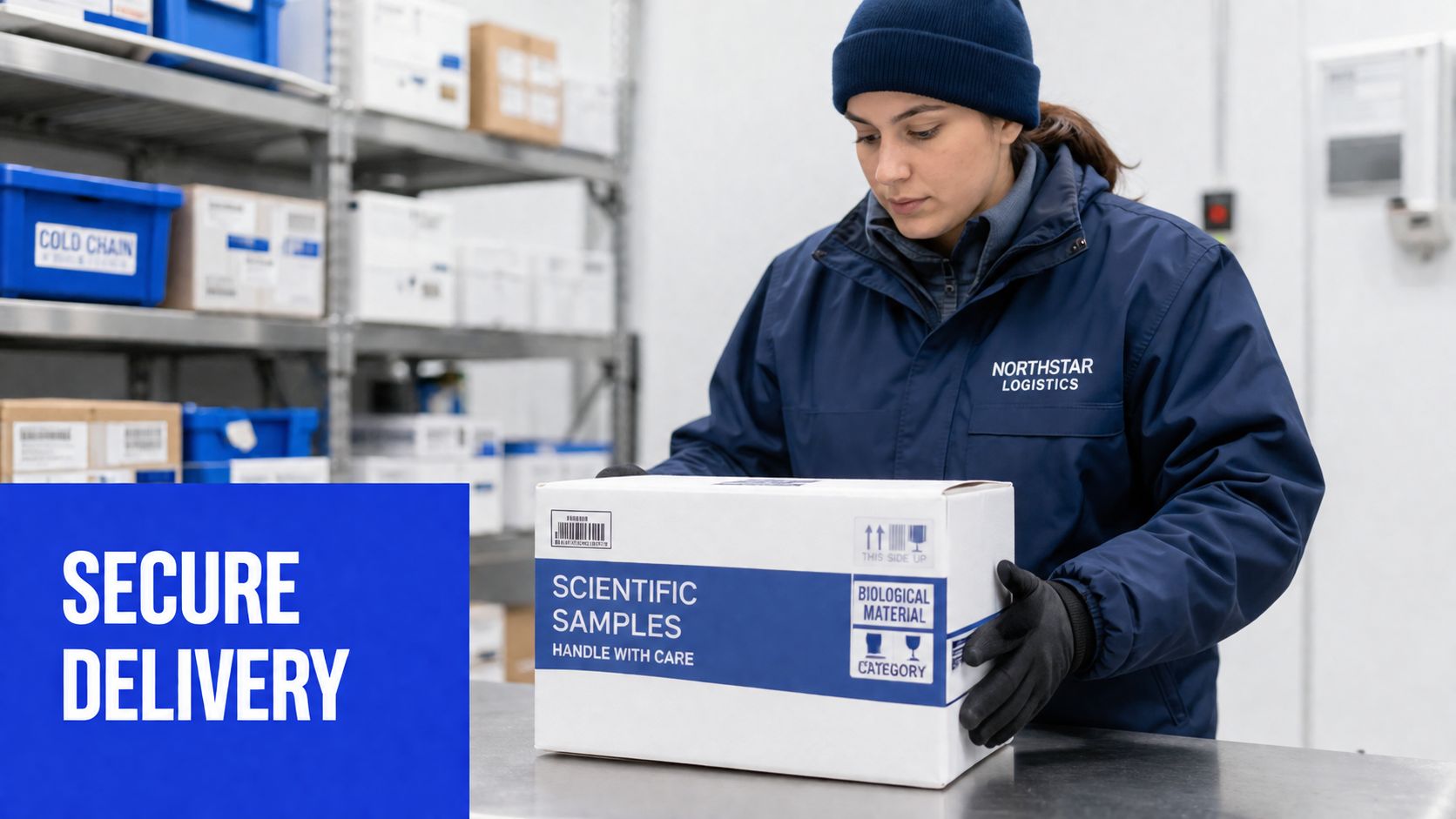 A professional Northstar Logistics employee in a cold storage warehouse handling a box of scientific samples.