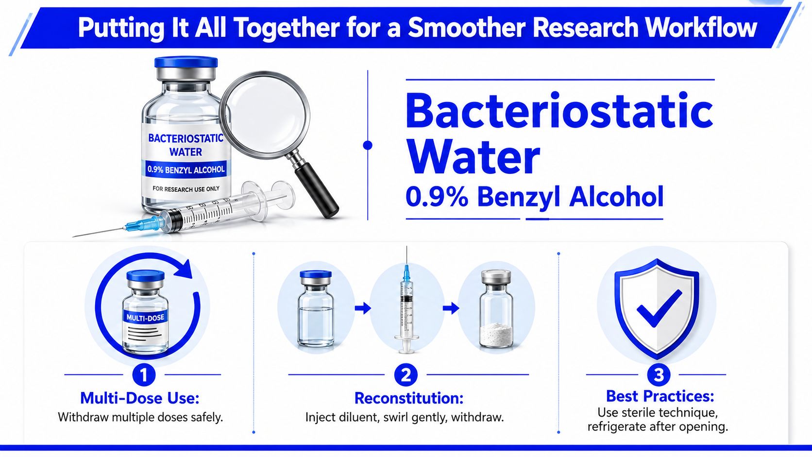 A guide illustrating the use of bacteriostatic water with 0.9% benzyl alcohol for research purposes.