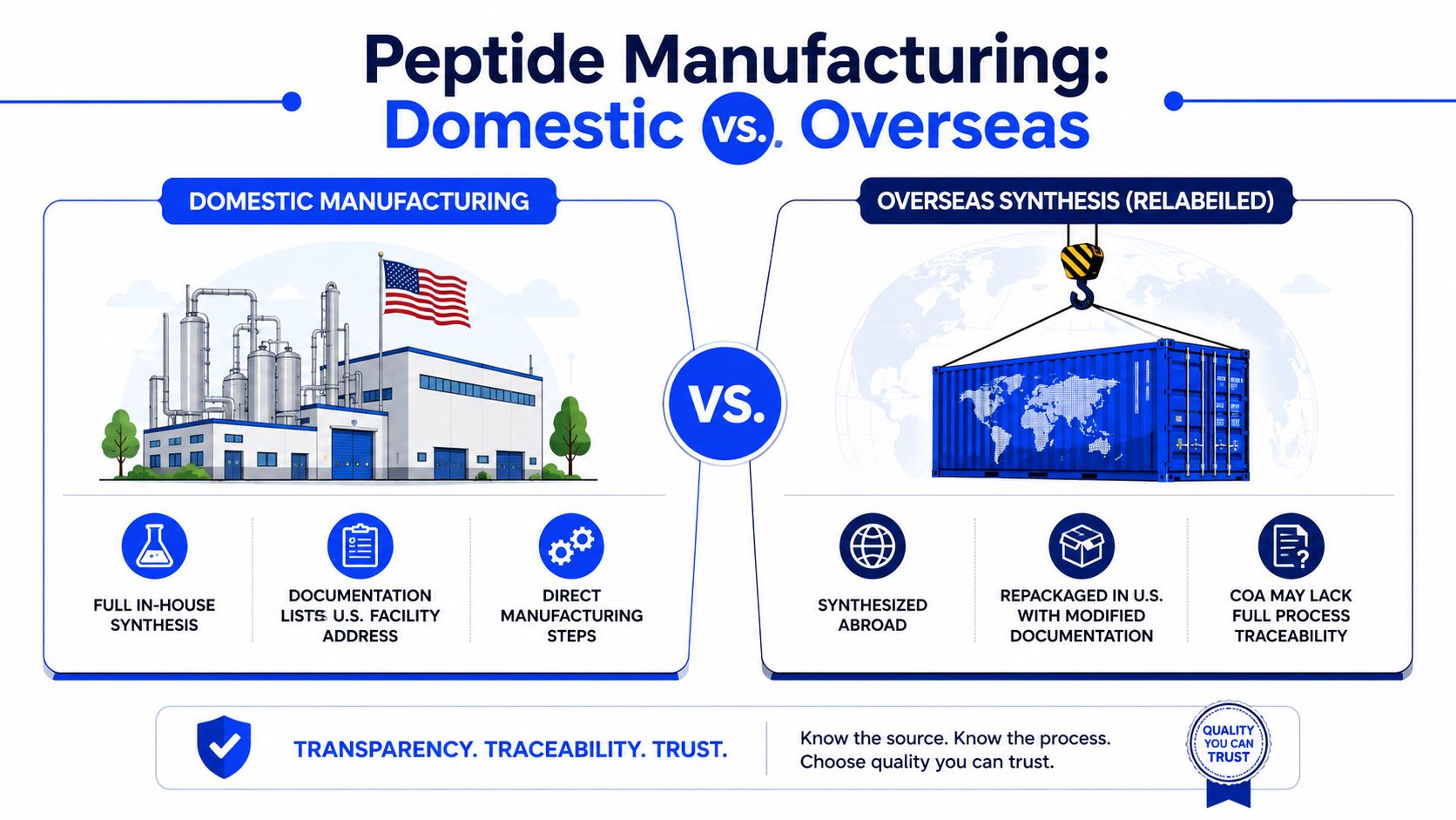 An infographic comparing domestic peptide manufacturing to overseas synthesis, highlighting transparency, traceability, and quality control differences.