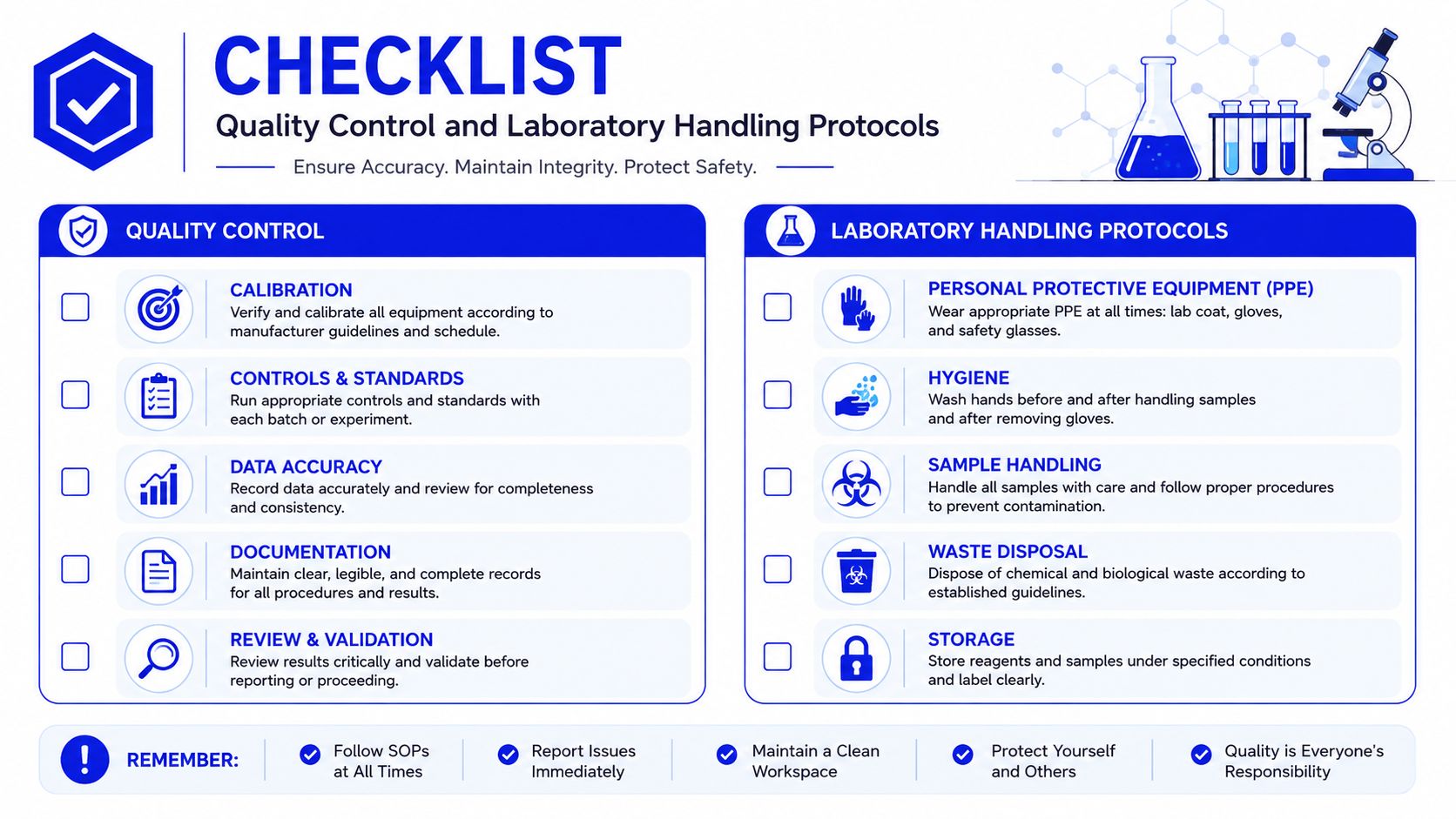 A checklist for quality control and laboratory handling protocols featuring safety and maintenance guidelines for a lab.