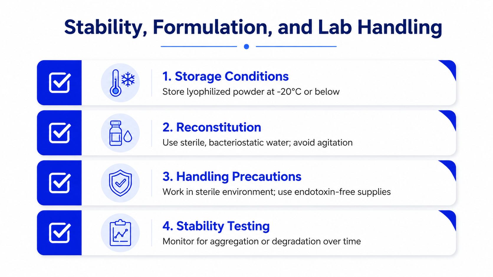 A structured infographic detailing proper stability, formulation, and laboratory handling instructions for peptide products.
