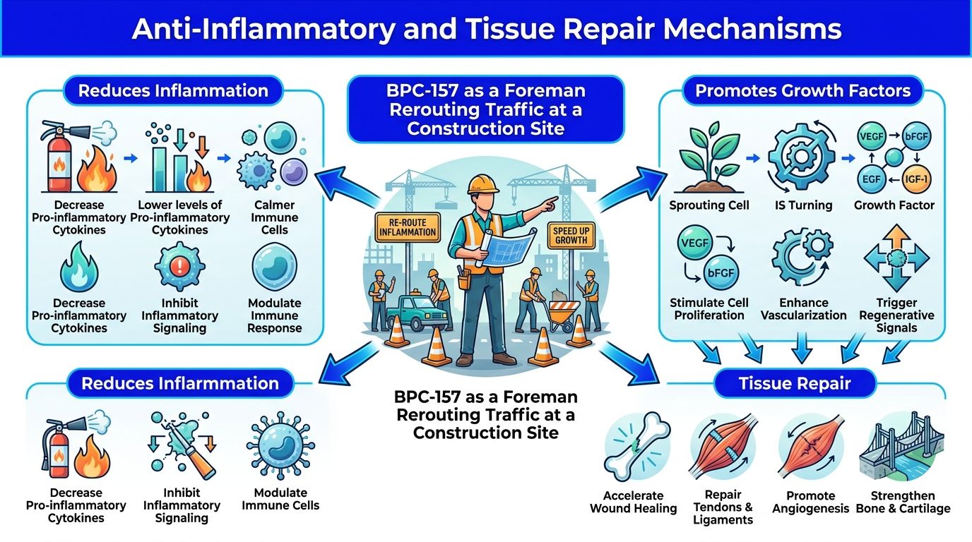 A diagram illustrating BPC-157 as a foreman, showing its role in reducing inflammation and promoting tissue repair.