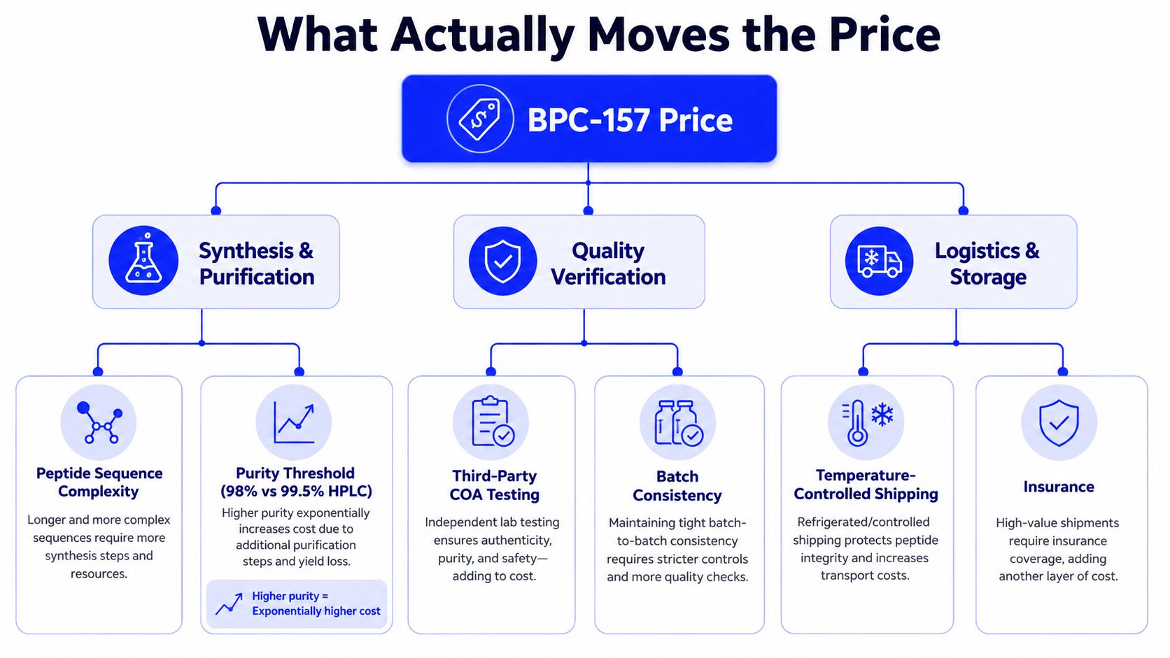 An infographic diagram explaining the primary factors that influence the total cost of BPC-157 peptide production.