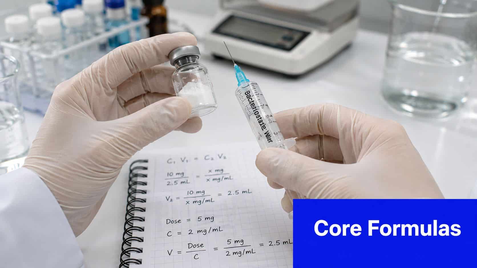 A scientist in gloves preparing a BPC-157 injection with a syringe and a notepad showing dosage calculations.