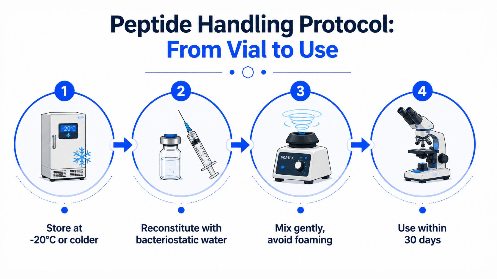 A four-step infographic illustrating the proper peptide handling protocol from cold storage to reconstitution and mixing.