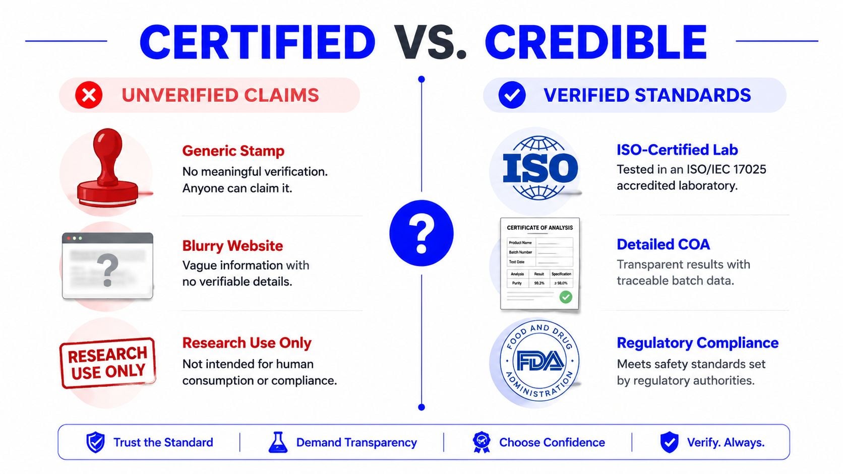 An infographic comparing unverified claims versus verified standards to help distinguish between certified and credible products.