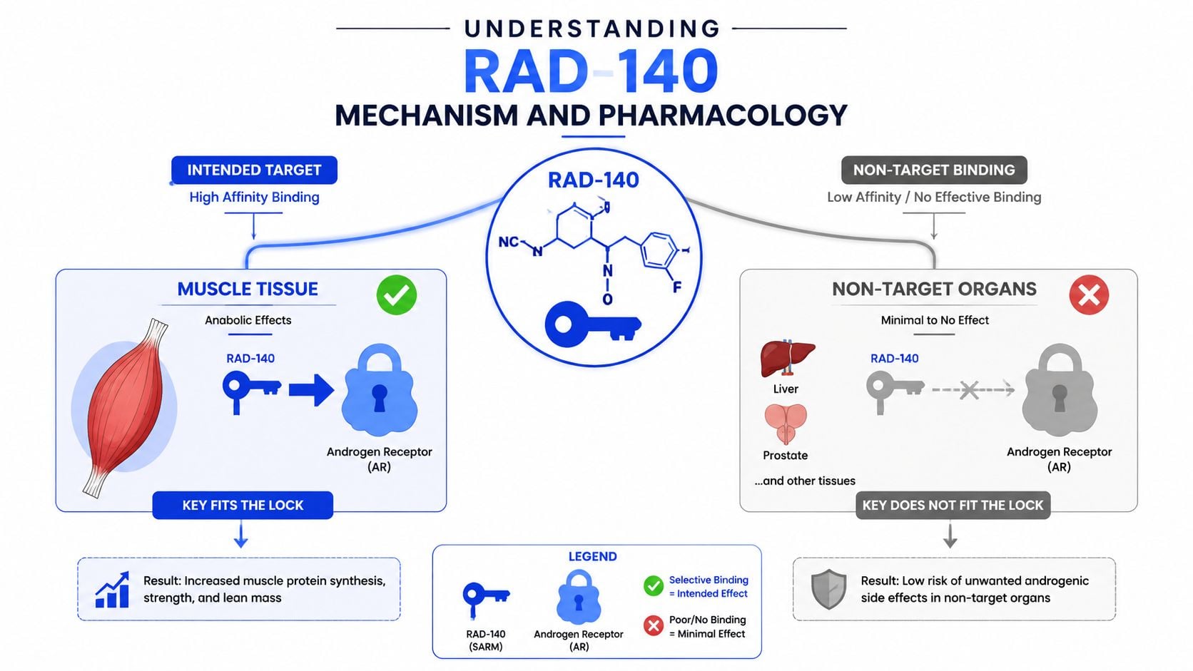 A diagram explaining the mechanism and pharmacology of RAD-140 showing selective binding in muscle tissue.