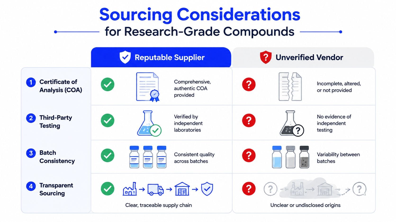A comparison chart outlining four key sourcing considerations for research-grade compounds between reputable suppliers and unverified vendors.