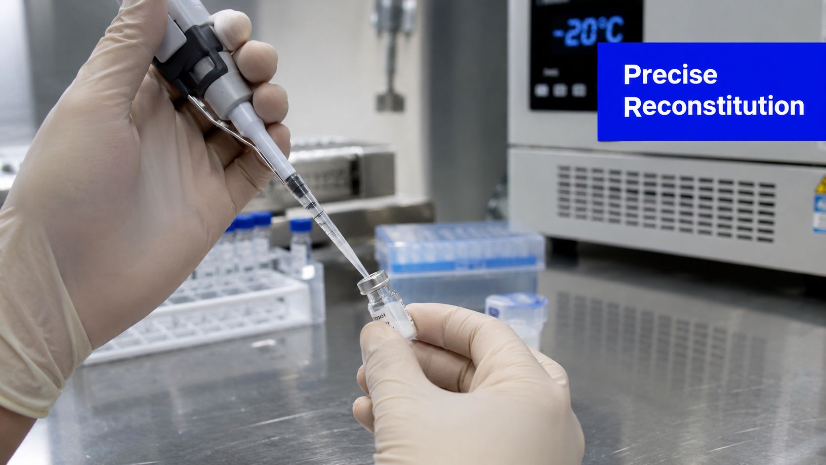 A lab technician in gloves uses a pipette to precisely reconstitute a peptide vial in a laboratory.