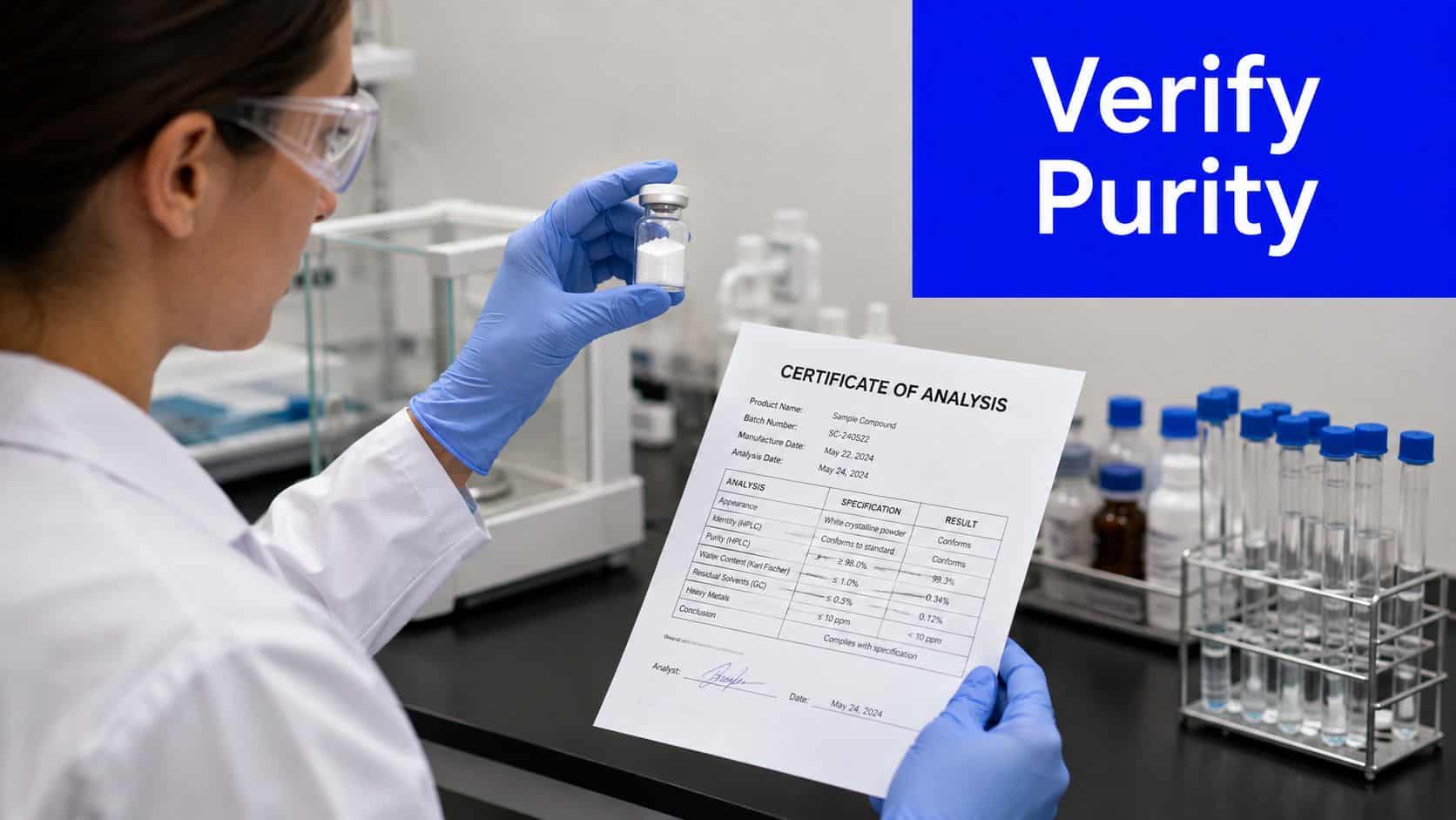A lab technician in white coat and gloves holding a sample vial and a chemical analysis report.