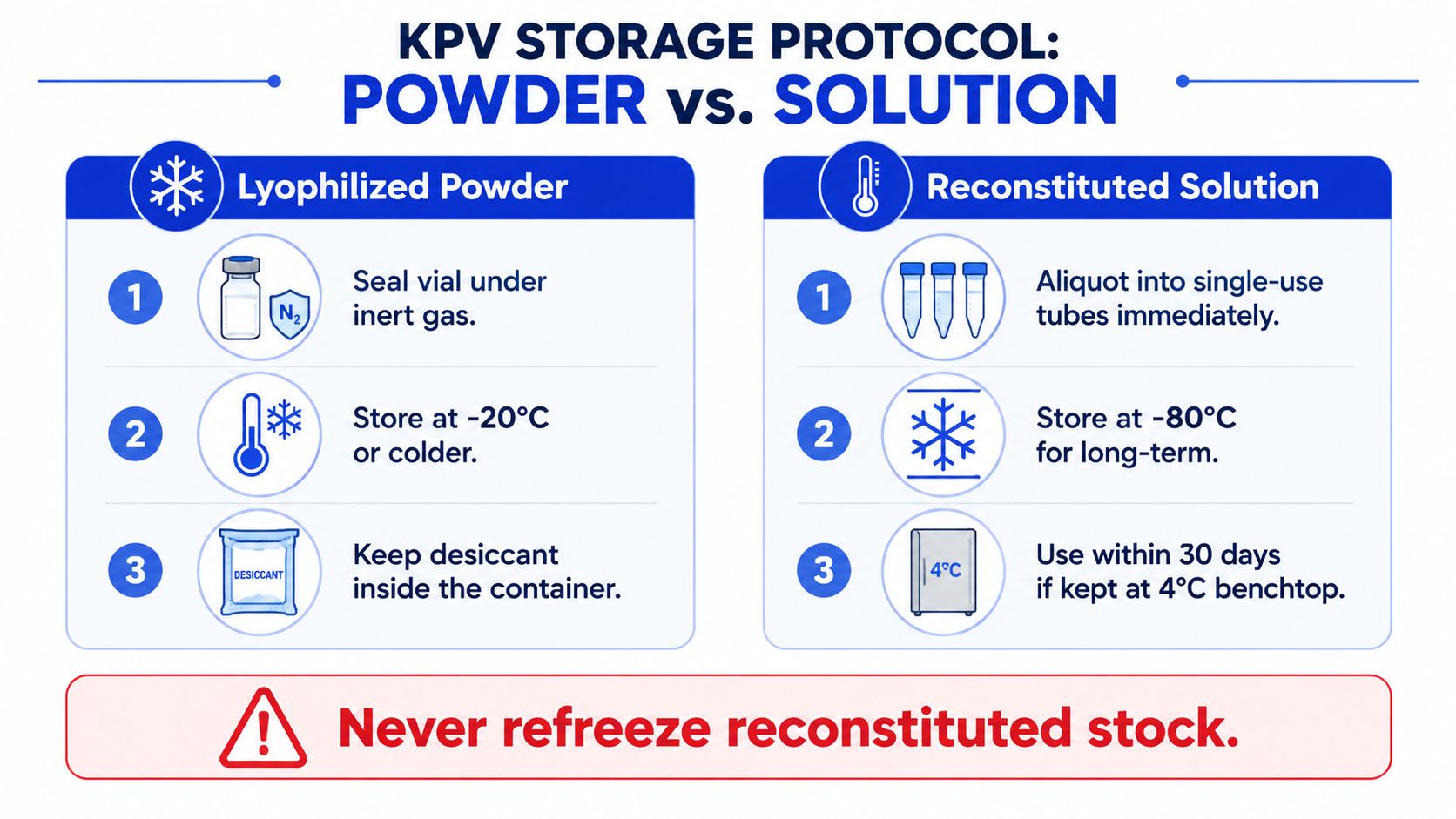 A storage protocol guide comparing instructions for lyophilized powder and reconstituted solution of KPV peptide.