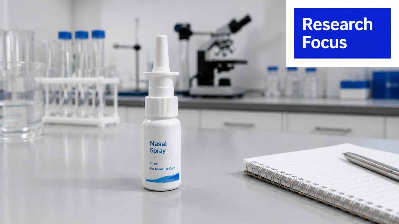 A nasal spray bottle sits on a laboratory desk next to a spiral notebook and pen.