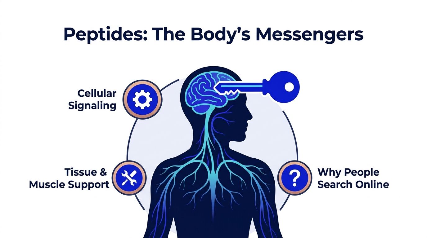 An educational illustration showing peptides as body messengers, highlighting cellular signaling, tissue support, and search trends.