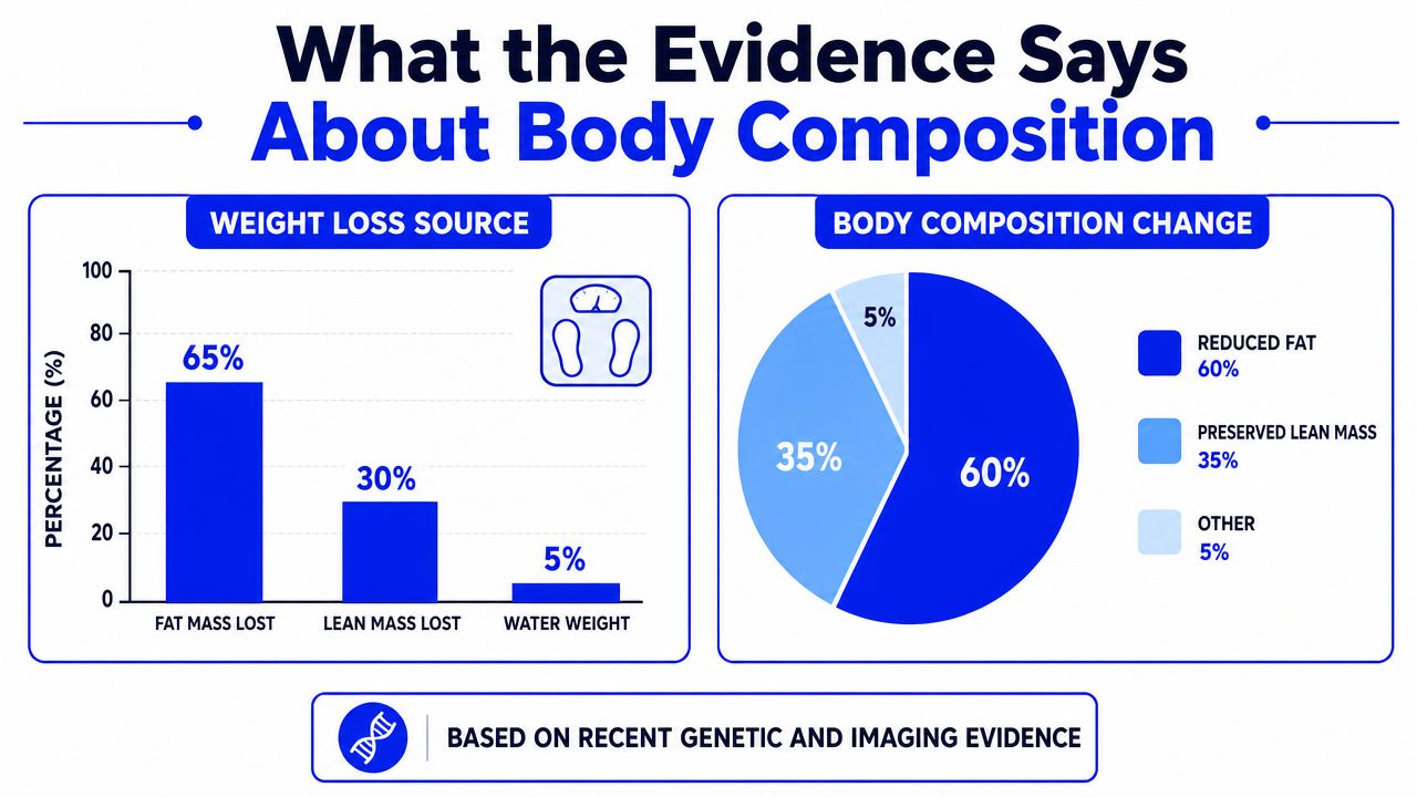 A dual chart infographic illustrating weight loss sources and body composition changes using percentages.
