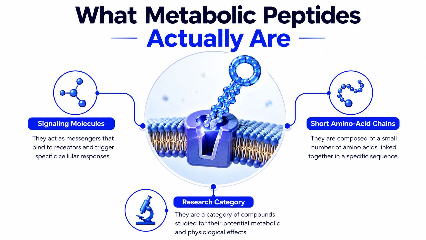 An infographic titled What Metabolic Peptides Actually Are explaining their function as signaling molecules, amino-acid chains, and research compounds.