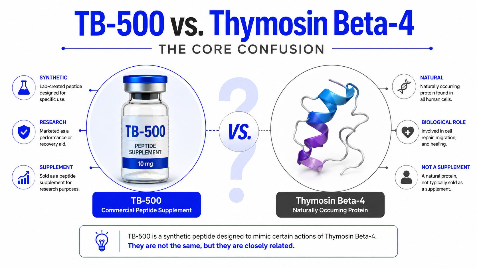 An infographic comparing synthetic TB-500 peptide supplements with the naturally occurring protein Thymosin Beta-4.