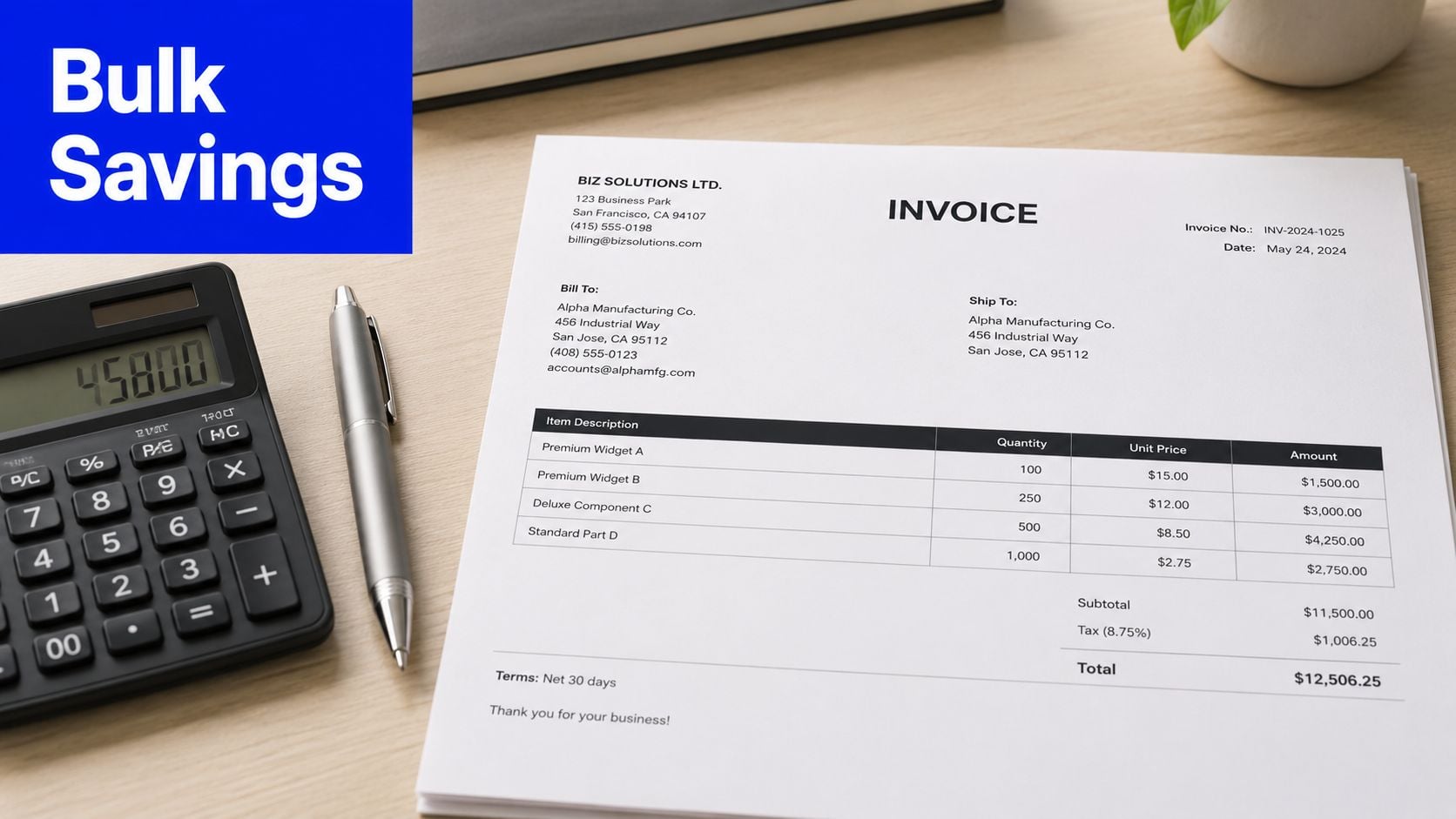 A printed business invoice with items and pricing rests on a desk next to a calculator.