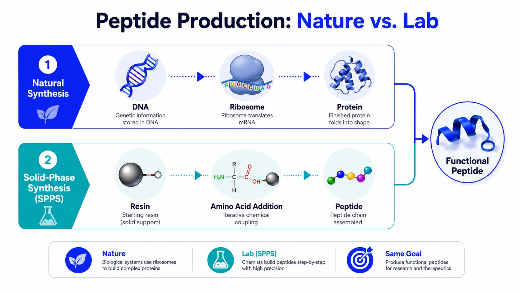 A diagram comparing natural protein synthesis by ribosomes to lab-based solid-phase peptide synthesis of functional peptides.