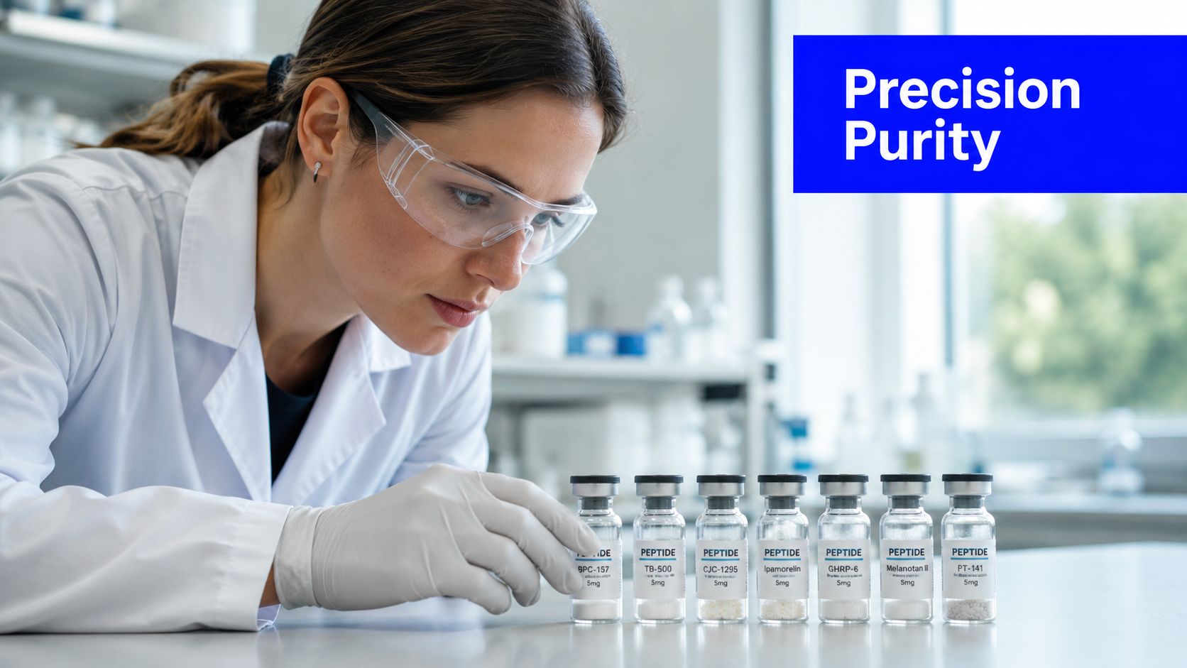 A female scientist in a lab coat and safety goggles inspecting a row of peptide vials.