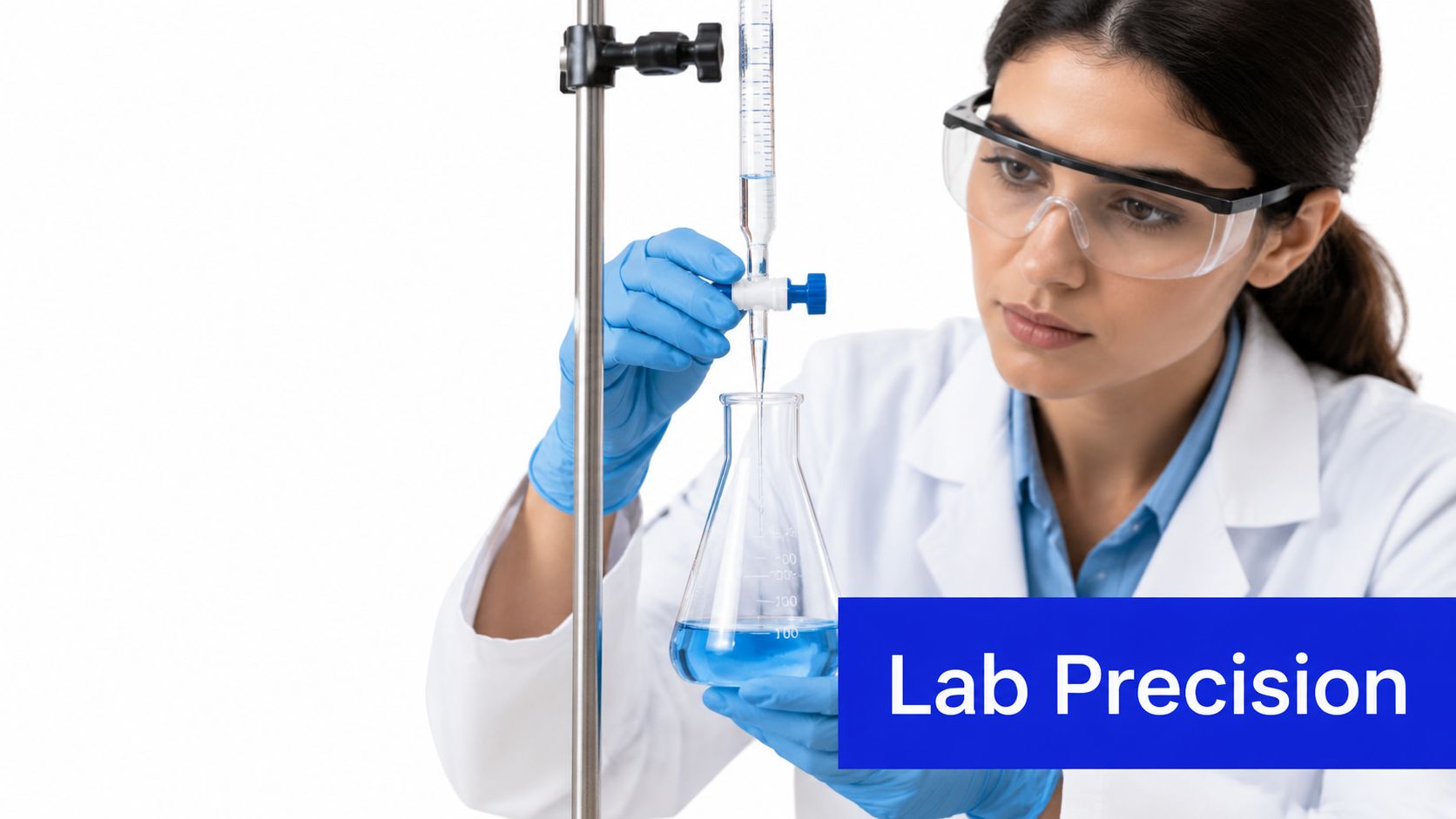 A female scientist in a lab coat and safety goggles performing a precise titration experiment with chemicals.