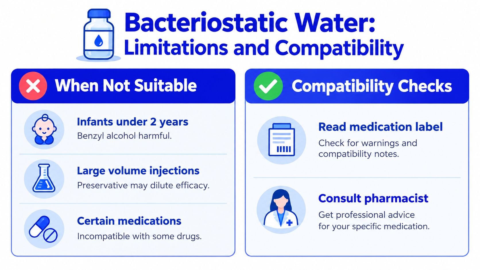 An educational infographic outlining the contraindications and safety guidelines for using bacteriostatic water in medical injections.